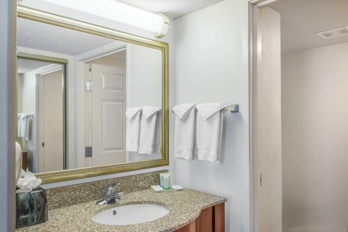 A serene, modern bathroom with a sleek granite countertop, a large mirror reflecting gentle morning light, and neatly arranged fresh towels beside a spacious sink. The tranquil ambiance and clean lines create an inviting environment for relaxation and self-care.
